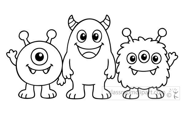 Three smiling monsters with one eye two eyes and three eyes stand together with horns antennae and friendly faces