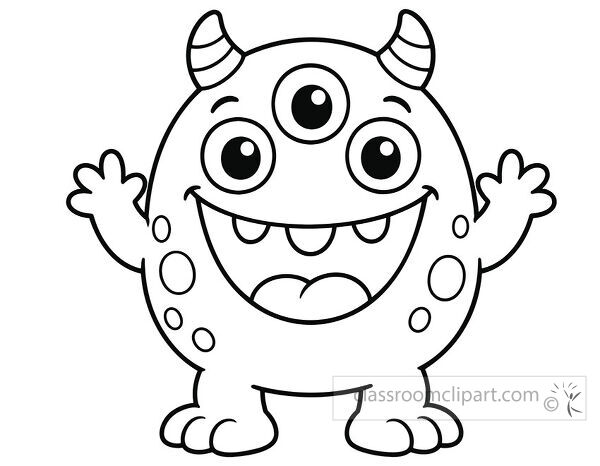 Cute round monster with three large eyes striped horns raised hands spots and a wide toothy smile