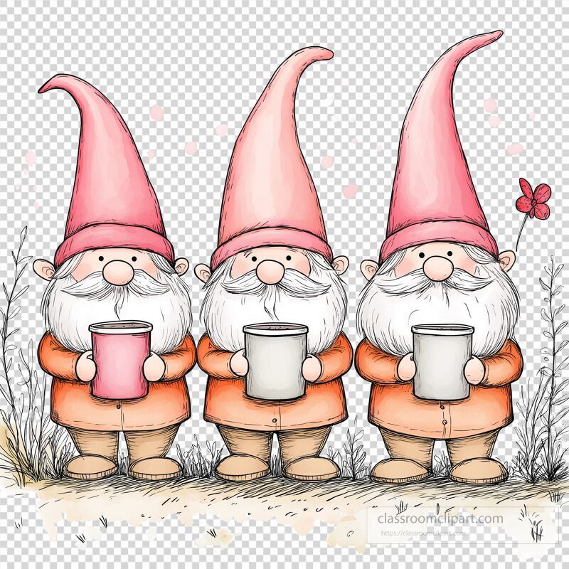 Three charming gnomes stand side by side in a whimsical garden Each one holds a cup, showcasing their playful nature Their tall pink hats contrast with the earthy tones of their outfits, bringing a delightful charm to the serene surroundings