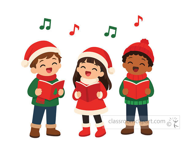 Three happy children in Santa hats and winter clothes sing Christmas carols while holding red songbooks beneath colorful music notes