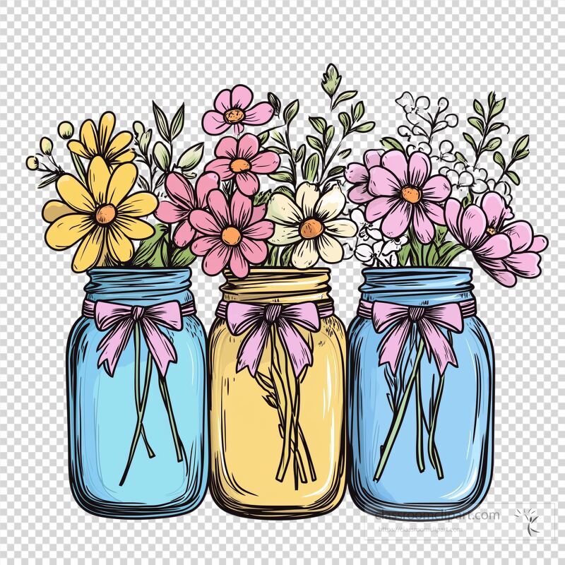 Three decorative mason jars display vibrant flowers in shades of yellow, pink, and white Each jar is adorned with a ribbon, enhancing the cheerful arrangement This design evokes a sense of freshness and is perfect for home decor or craft projects