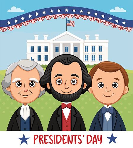 Cartoon of three past presidents in front of a historic building celebrating Presidents Day