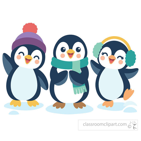 Three happy penguins wearing a pom hat scarf and earmuffs while standing on snow