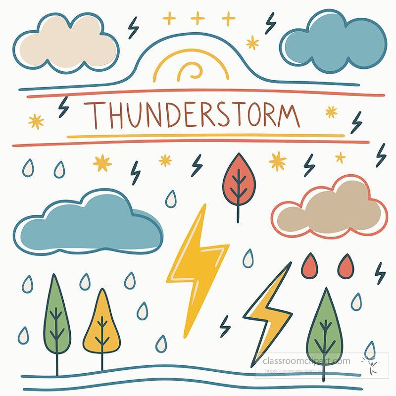 Colorful clip art depicting a thunderstorm with clouds lightning and raindrops Elements include trees and foliage under a sun shining through the storm showcasing natures beauty