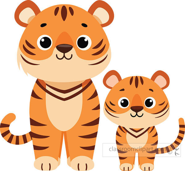 Large orange tiger stands beside a smaller tiger cub with matching stripes round eyes and curled tails