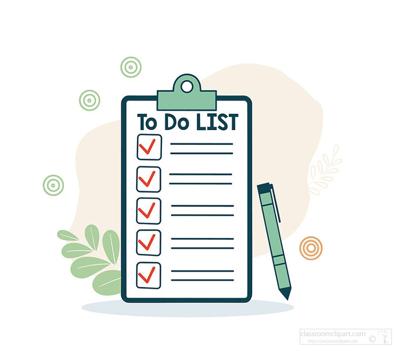 Organized to do list on clipboard with check marks and decorative elements
