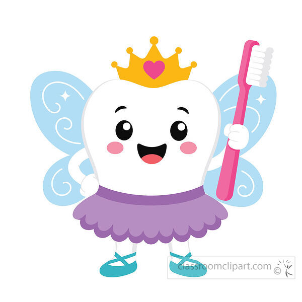 A smiling tooth fairy wears a crown purple skirt and blue wings while holding a pink toothbrush