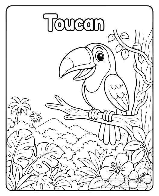 Smiling toucan perched on a tree branch in a jungle scene with vines palm trees large leaves flowers and mountains
