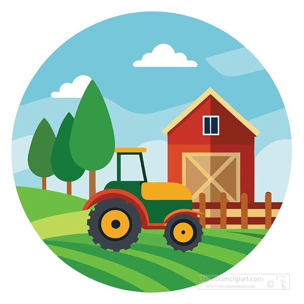 vector illustration of a green tractor on farm with barn trees and blue sky background