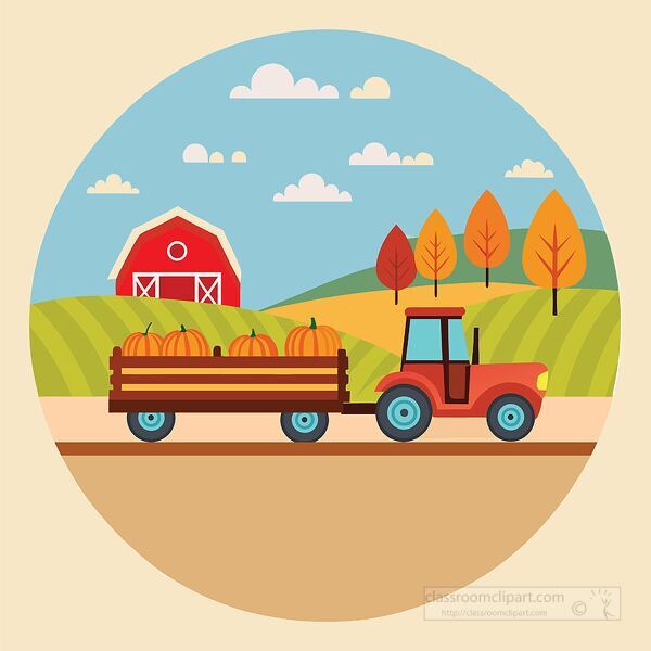 Farm tractor carrying wagon of pumpkins with barn and colorful autumn trees great for harvest themes seasonal lessons and classroom projects