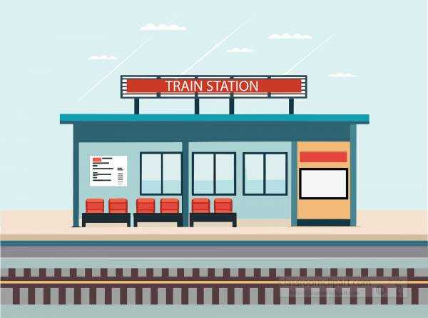 modern outdoor train station with multiple seats platform signage and railway tracks under a bright sky