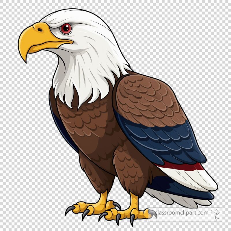 A cartoon style American Bald Eagle stands proud with vibrant colors and detailed feathers The eagle features a bold expression showcasing its majestic presence