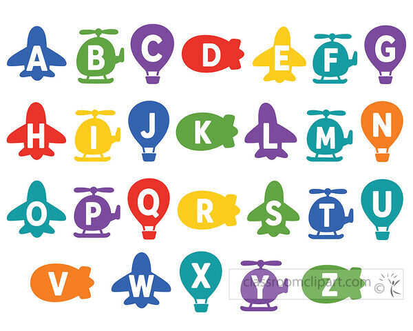 Transportation alphabet with colorful planes helicopters hot air balloons blimps and large white letters