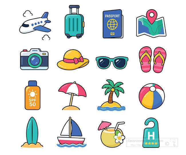 Description
Travel icons with airplane suitcase passport map camera sunglasses flip flops sunscreen island and sailboat