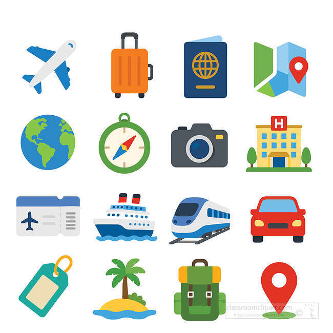 Travel transportation icon set with airplane suitcase passport map globe compass camera hotel ticket train and location pin