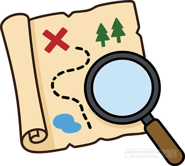 Treasure map with magnifying glass red X dotted path trees blue water and rolled parchment edge