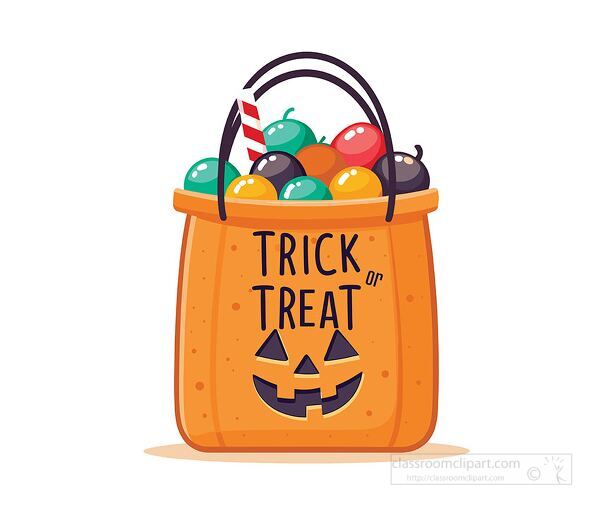 Cute Clipart illustration of a Halloween trick or treat bag filled with colorful candy perfect for spooky holiday designs