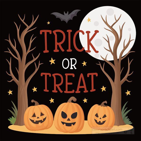 Cute Halloween illustration with jack o lantern pumpkins bat full moon and spooky trees
