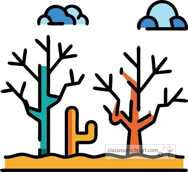 A minimalist illustration of a barren landscape featuring stylized trees and a cactus