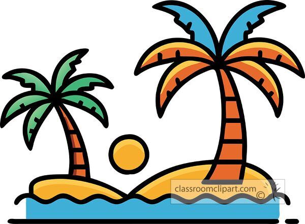 A colorful illustration of two palm trees on a small island with a sun setting in the background.