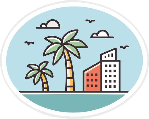 A relaxing tropical scene with palm trees and a modern city building against a blue sky sticker style