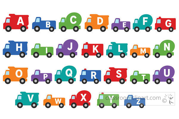 Truck alphabet with colorful delivery trucks and large letters arranged from A to Z