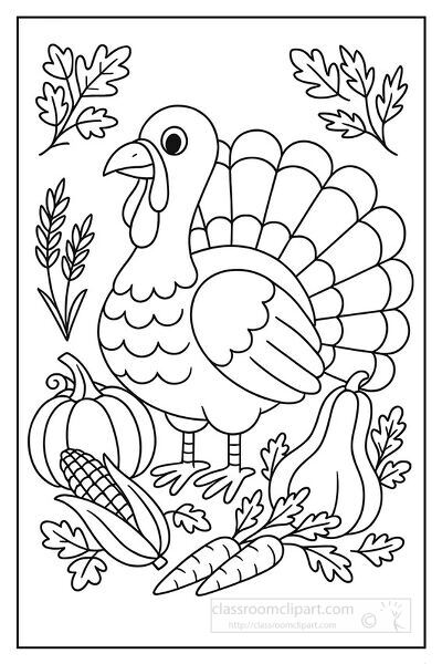 Thanksgiving coloring page featuring a detailed turkey surrounded by harvest vegetables including pumpkins corn and carrots with leaves