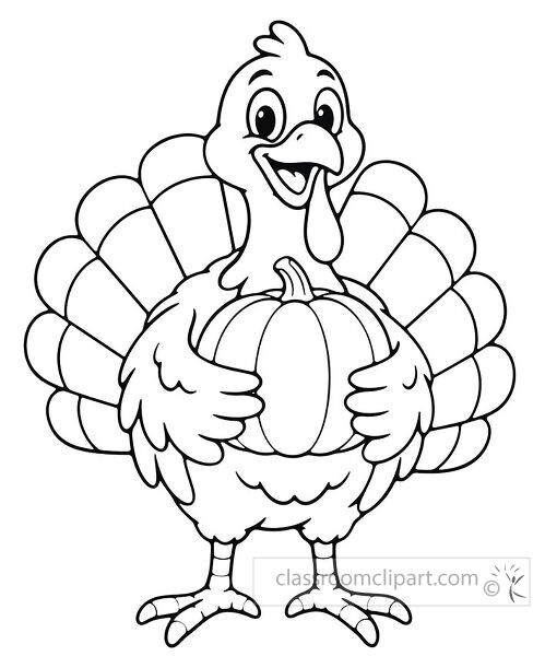 Smiling turkey holding a pumpkin with spread tail feathers in a cheerful Thanksgiving coloring page style