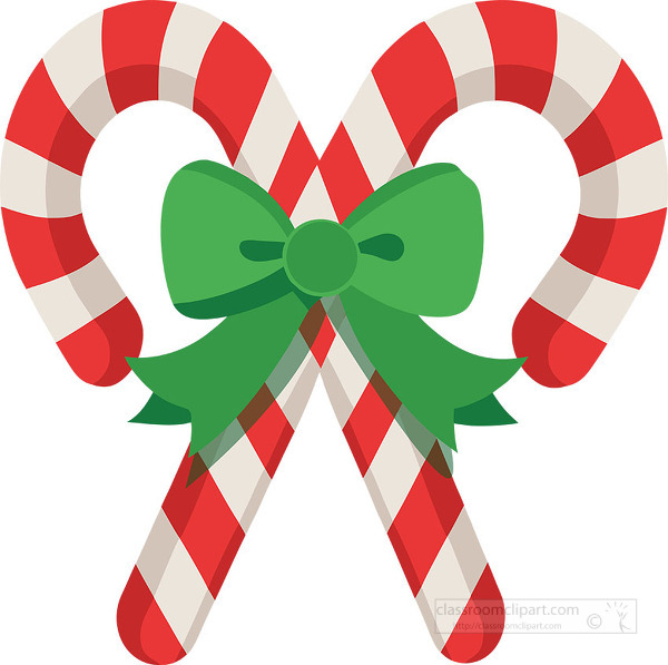 A pair of striped candy canes crossed together with a festive green bow in the center perfect for holiday decorations and Christmas crafts