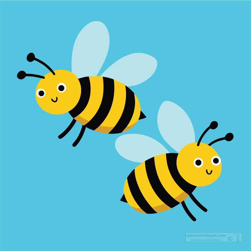 Two cute yellow and black bees flying with small wings on blue background