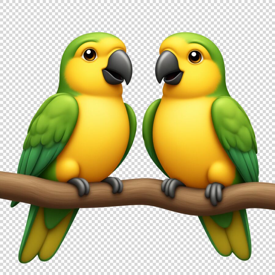 friendly pair of green and yellow parrots perched together on a wooden branch in cartoon style