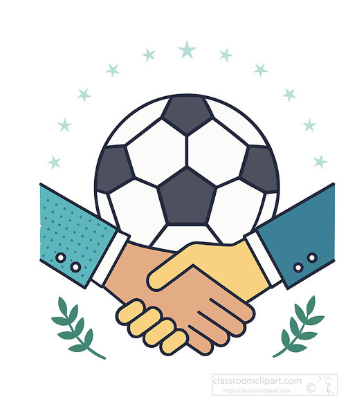 Illustration of a handshake in front of a soccer ball symbolizing teamwork respect and fair play in sports