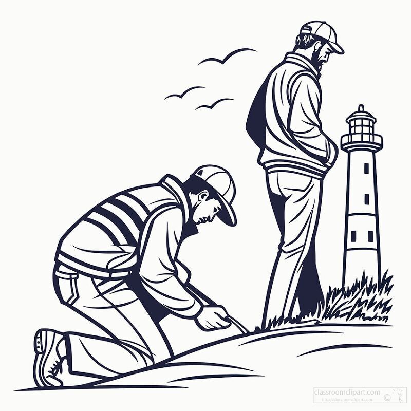 Two men engage in outdoor activities by a seaside lighthouse One is tending to the grass while the other stands nearby enjoying the coastal view under the clear sky