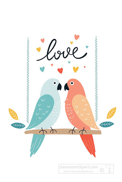 Two parrots sitting closely on a swing with hearts floating above them