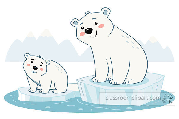 Large polar bear and cub sit on separate ice floes in blue water with pale snowy mountains behind