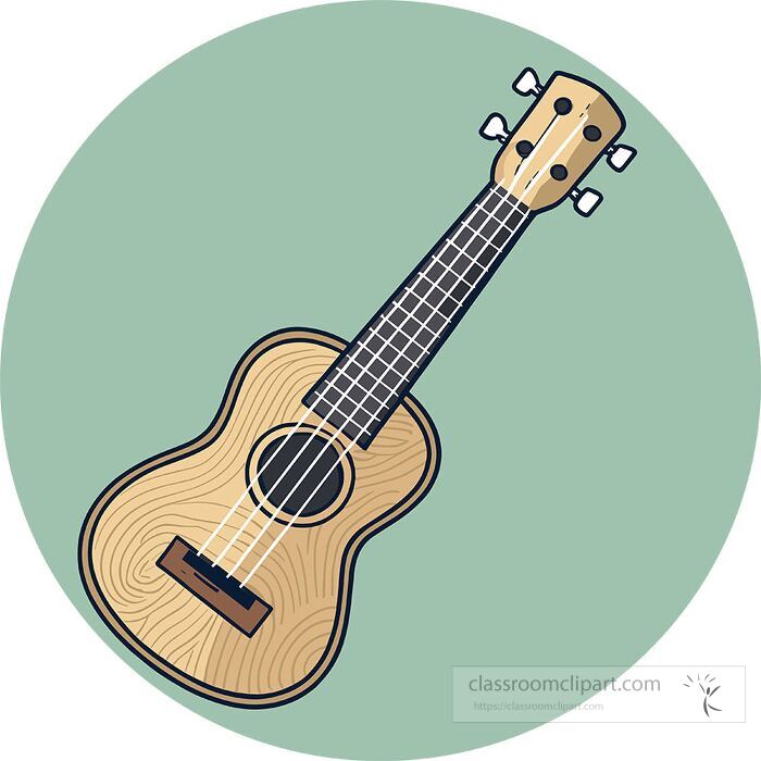 Flat vector illustration of a classic ukule musical instrument shown on a blue circular background
