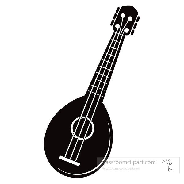 A black silhouette of a ukulele resting on a white surface