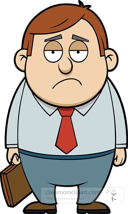 cartoon illustration of a chubby office worker with a red tie and brown briefcase showing an exhausted facial expression great for business or stress themed illustrations