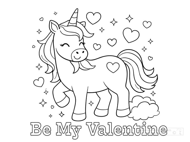 Sweet unicorn with hearts and be my valentine message for holiday coloring