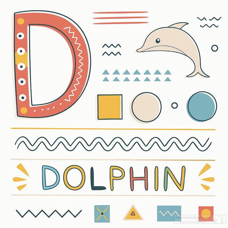 Creative artwork blends the letter D with a playful dolphin concept, showcasing vibrant colors and whimsical shapes. This design captures the essence of fun and creativity.