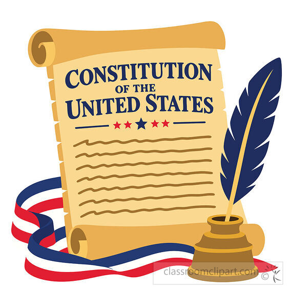 United States Constitution scroll with blue quill ink bottle stars and patriotic ribbon in red white and blue