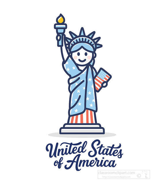 Cute Statue of Liberty holding a torch and small American flag above United States of America lettering