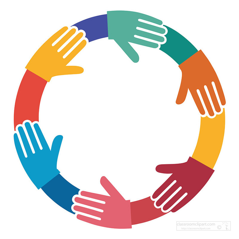 Circle of colorful hands representing unity diversity teamwork and community support