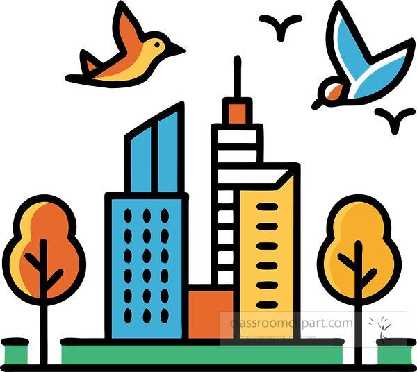 A colorful cityscape illustration featuring tall buildings, trees with autumn leaves, and birds flying in the sky.