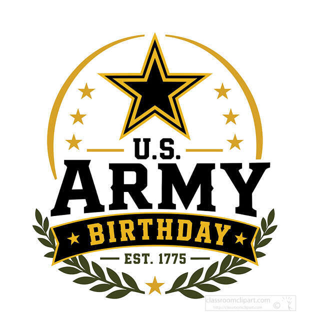 U S Army Birthday lettering with black and gold star badge laurels banner smaller stars and Est 1775 text