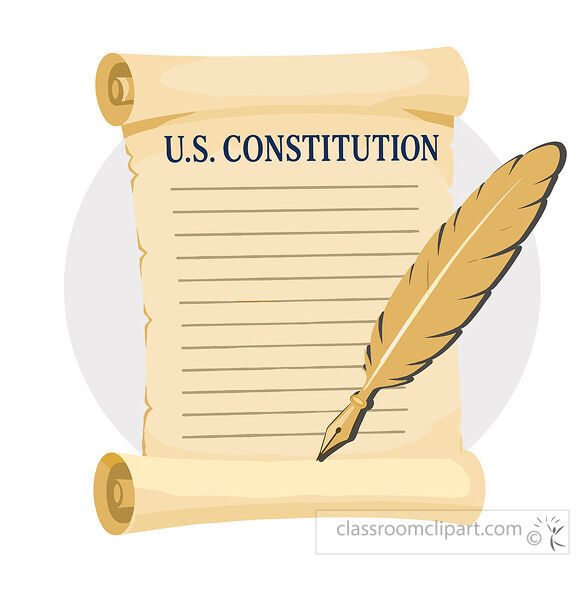 Aged parchment labeled U S Constitution with writing lines and a large golden feather quill across the page