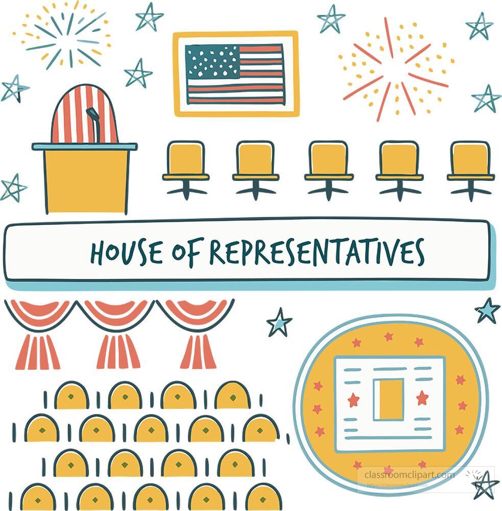 This artwork portrays the interior settings of the United States House of Representatives featuring the speaker members and symbolic elements like the flag and stars