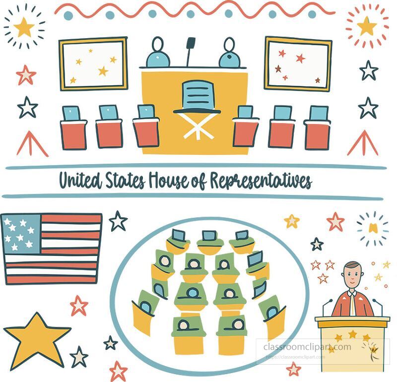 This artwork portrays the interior settings of the United States House of Representatives featuring the speaker members and symbolic elements like the flag and stars