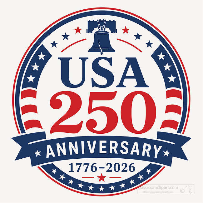 USA 250 Anniversary badge with Liberty Bell stars ribbon border red stripes and 1776 2026 text