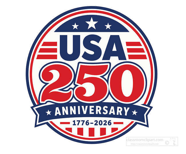 USA 250 Anniversary badge with red numbers blue ribbon stars stripes and 1776 2026 text